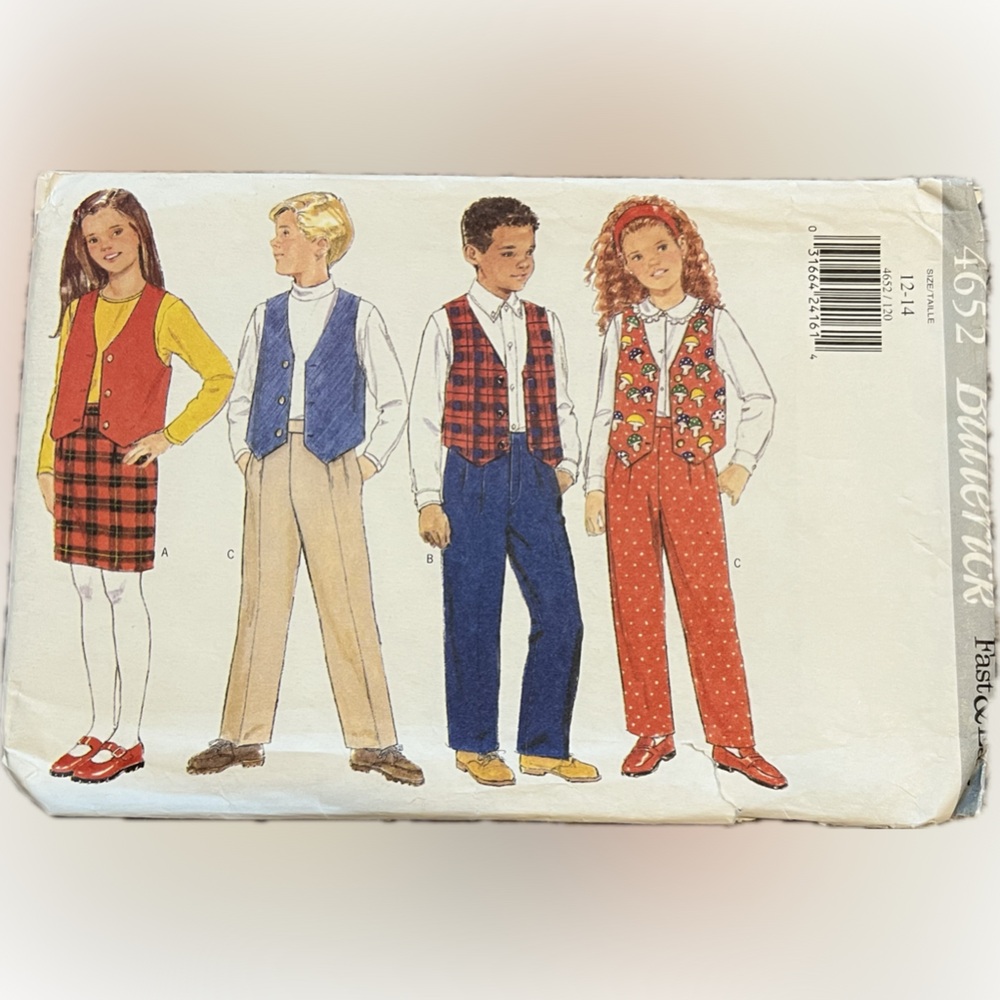 🍄Vintage New Butterick 4652 Uncut Pattern Boys Girls Vest Skirt Pants 12 - 14